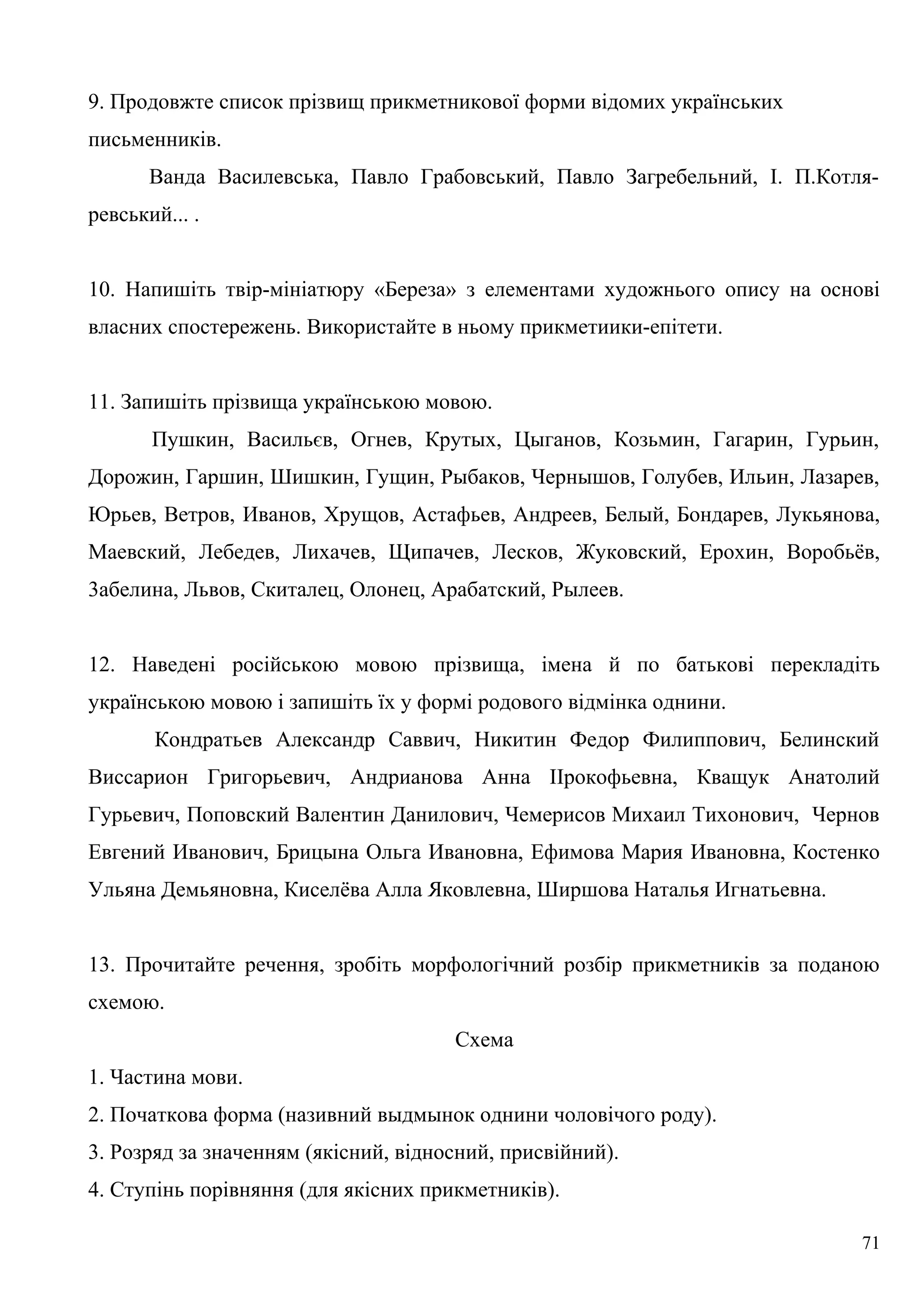 9. Продовжте список прізвищ прикметникової форми відомих українських
письменників.
Ванда Василевська, Павло Грабовський, Павло Загребельний, І. П.Котля-
ревський... .
10. Напишіть твір-мініатюру «Береза» з елементами художнього опису на основі
власних спостережень. Використайте в ньому прикметиики-епітети.
11. Запишіть прізвища українською мовою.
Пушкин, Васильєв, Огнев, Крутых, Цыганов, Козьмин, Гагарин, Гурьин,
Дорожин, Гаршин, Шишкин, Гущин, Рыбаков, Чернышов, Голубев, Ильин, Лазарев,
Юрьев, Ветров, Иванов, Хрущов, Астафьев, Андреев, Белый, Бондарев, Лукьянова,
Маевский, Лебедев, Лихачев, Щипачев, Лесков, Жуковский, Ерохин, Воробьёв,
3абелина, Львов, Скиталец, Олонец, Арабатский, Рылеев.
12. Наведені російською мовою прізвища, імена й по батькові перекладіть
українською мовою і запишіть їх у формі родового відмінка однини.
Кондратьев Александр Саввич, Никитин Федор Филиппович, Белинский
Виссарион Григорьевич, Андрианова Анна ІІрокофьевна, Кващук Анатолий
Гурьевич, Поповский Валентин Данилович, Чемерисов Михаил Тихонович, Чернов
Евгений Иванович, Брицына Ольга Ивановна, Ефимова Мария Ивановна, Костенко
Ульяна Демьяновна, Киселёва Алла Яковлевна, Ширшова Наталья Игнатьевна.
13. Прочитайте речення, зробіть морфологічний розбір прикметників за поданою
схемою.
Схема
1. Частина мови.
2. Початкова форма (називний выдмынок однини чоловічого роду).
3. Розряд за значенням (якісний, відносний, присвійний).
4. Ступінь порівняння (для якісних прикметників).
71
 