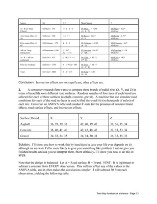 Source

SS

D.F.

Mean Square

F

A + B (or Main
Effects)

SS Main = 370

J+K-2=5

SS Main = 74.00
(J + K - 2)

MS Main = 5.22*
MS Error

A (or main effect of
A)

SS Rows = 200

J-1=3

SS Rows = 66.67
(J - 1)

MS Rows = 4.71*
MS Error

B (or main effect of
B)

SS Columns = 170

K-1=2

SS Columns = 85.00
(K - 1)

MS Columns = 6.0*
MS Error

AB (or 2-way
interaction)

SS Intraction = 100

(J - 1) *
(K - 1) = 6

SS Intrction = 16.67
(J -1)(K - 1)

MS Intrction = 1.18
MS Error

A + B + AB (or
explained)

SS Cells = 470

(J * K) - 1 = 11

SS Cells = 42.73
(J * K) - 1

MS Cells = 3.02*
MS Error

Error (or residual)

SS Error = 1530

N - (J * K) = 108

SS Error = 14.17
(N - J * K)

Total

SS Total = 2000

N - 1 = 119

SS Total = 16.81
(N - 1)

Conclusion. Interaction effects are not significant, other effects are.
2.
A consumer research firm wants to compare three brands of radial tires (X, Y, and Z) in
terms of tread life over different road surfaces. Random samples of four tires of each brand are
selected for each of three surfaces (asphalt, concrete, gravel). A machine that can simulate road
conditions for each of the road surfaces is used to find the tread life (in thousands of miles) of
each tire. Construct an ANOVA table and conduct F-tests for the presence of nonzero brand
effects, road surface effects, and interaction effects.
Surface/ Brand

X

Y

Z

Asphalt

36, 39, 39, 38

42, 40, 39, 42

32, 36, 35, 34

Concrete

38, 40, 41, 40

42, 45, 48, 47

37, 33, 33, 34

Gravel

34, 32, 34, 35

34, 34, 30, 31

36, 35, 35, 33

Solution. I’ll show you how to work this by hand (just in case your life ever depends on it)
although on an exam I’d be more likely to give you something like problem 1 and/or give you
finished results and ask you to interpret them. More critically, I’ll show you how to do this in
SPSS.
Note that the design is balanced. Let A = Road surface, B = Brand. HINT: It is legitimate to
subtract a constant from EVERY observation. This will not affect any of the values in the
ANOVA table, and it often makes the calculations simpler. I will subtract 30 from each
observation, yielding the following table:

Two-Way Analysis of Variance - Page 13

 