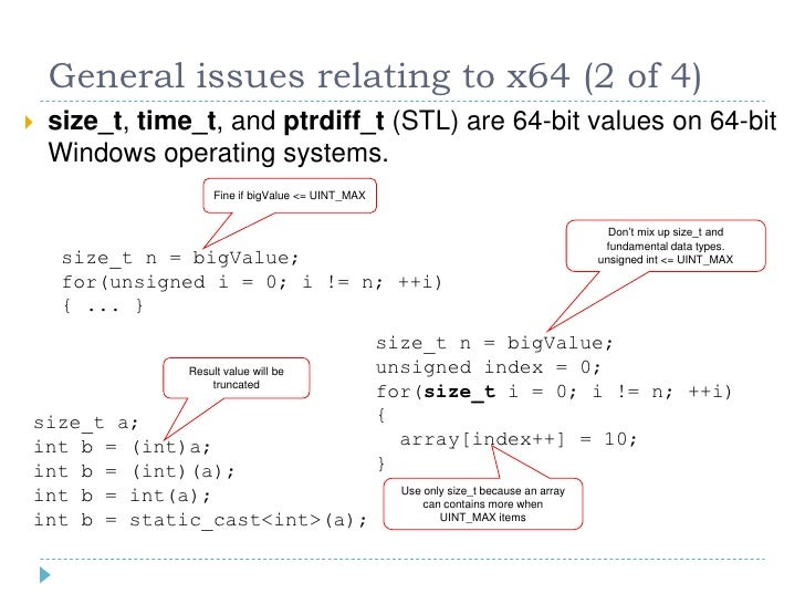 64 bits for developers size t to int