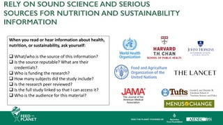 RELY ON SOUND SCIENCE AND SERIOUS
SOURCES FOR NUTRITION AND SUSTAINABILITY
INFORMATION
When you read or hear information about health,
nutrition, or sustainability, ask yourself:
q What/who is the source of this information?
q Is the source reputable? What are their
credentials?
q Who is funding the research?
q How many subjects did the study include?
q Is the research peer reviewed?
q Is the full study linked so that I can access it?
q Who is the audience for this material?
 