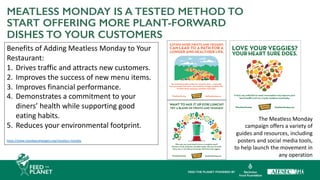 MEATLESS MONDAY IS A TESTED METHOD TO
START OFFERING MORE PLANT-FORWARD
DISHES TO YOUR CUSTOMERS
The Meatless Monday
campaign offers a variety of
guides and resources, including
posters and social media tools,
to help launch the movement in
any operation
Benefits of Adding Meatless Monday to Your
Restaurant:
1. Drives traffic and attracts new customers.
2. Improves the success of new menu items.
3. Improves financial performance.
4. Demonstrates a commitment to your
diners’ health while supporting good
eating habits.
5. Reduces your environmental footprint.
https://www.mondaycampaigns.org/meatless-monday
 