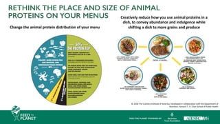RETHINK THE PLACE AND SIZE OF ANIMAL
PROTEINS ON YOUR MENUS Creatively reduce how you use animal proteins in a
dish, to convey abundance and indulgence while
shifting a dish to more grains and produce
© 2018 The Culinary Institute of America. Developed in collaboration with the Department of
Nutrition, Harvard T. H. Chan School of Public Health
Change the animal protein distribution of your menu
 