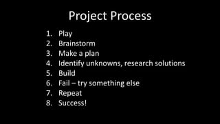 Project Process 
1. Play 
2. Brainstorm 
3. Make a plan 
4. Identify unknowns, research solutions 
5. Build 
6. Fail – try something else 
7. Repeat 
8. Success! 
 