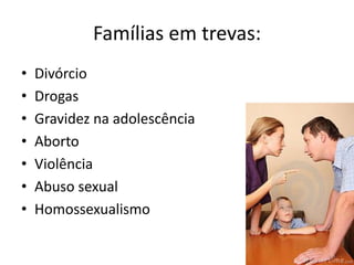 Famílias em trevas:
• Divórcio
• Drogas
• Gravidez na adolescência
• Aborto
• Violência
• Abuso sexual
• Homossexualismo
 