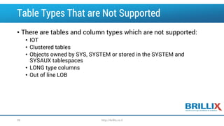 Table Types That are Not Supported 
•There are tables and column types which are not supported: 
•IOT 
•Clustered tables 
•Objects owned by SYS, SYSTEM or stored in the SYSTEM and SYSAUX tablespaces 
•LONG type columns 
•Out of line LOB 
26 http://brillix.co.il 
 