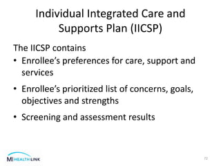 Individual Integrated Care and
Supports Plan (IICSP)
The IICSP contains
• Enrollee’s preferences for care, support and
services
• Enrollee’s prioritized list of concerns, goals,
objectives and strengths
• Screening and assessment results
72
 