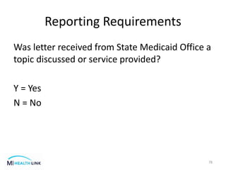 Reporting Requirements
Was letter received from State Medicaid Office a
topic discussed or service provided?
Y = Yes
N = No
78
 