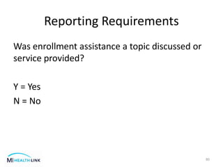 Reporting Requirements
Was enrollment assistance a topic discussed or
service provided?
Y = Yes
N = No
80
 