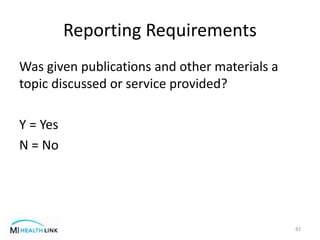 Reporting Requirements
Was given publications and other materials a
topic discussed or service provided?
Y = Yes
N = No
82
 