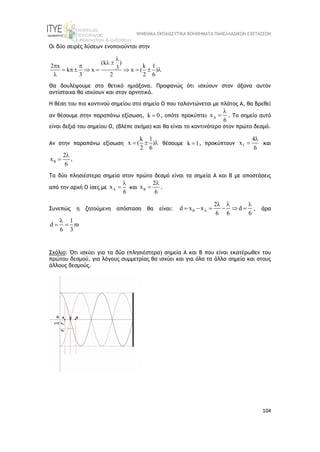 ΨΗΦΙΑΚΑ ΕΚΠΑΙΔΕΥΤΙΚΑ ΒΟΗΘΗΜΑΤΑ ΠΑΝΕΛΛΑΔΙΚΩΝ ΕΞΕΤΑΣΕΩΝ
104
Οι δύο σειρές λύσεων ενοποιούνται στην
(k )
2 x k 1
3
k x x ( )
3 2 2 6

 
 
       

Θα δουλέψουμε στο θετικό ημιάξονα. Προφανώς ότι ισχύουν στον άξονα αυτόν
αντίστοιχα θα ισχύουν και στον αρνητικό.
Η θέση του πιο κοντινού σημείου στο σημείο Ο που ταλαντώνεται με πλάτος Α, θα βρεθεί
αν θέσουμε στην παραπάνω εξίσωση, k 0
 , οπότε προκύπτει A
x
6

 . Το σημείο αυτό
είναι δεξιά του σημείου Ο, (βλέπε σχήμα) και θα είναι το κοντινότερο στον πρώτο δεσμό.
Αν στην παραπάνω εξίσωση
k 1
x ( )
2 6
   θέσουμε k 1
 , προκύπτουν
4
x
6


 και
B
2
x
6

 .
Τα δύο πλησιέστερα σημεία στον πρώτο δεσμό είναι τα σημεία Α και Β με αποστάσεις
από την αρχή Ο ίσες με A
x
6

 και B
2
x
6

 .
Συνεπώς η ζητούμενη απόσταση θα είναι: B A
2
d x x d
6 6 6
  
      , άρα
1
d m
6 3

 
Σχόλιο: Ότι ισχύει για τα δύο (πλησιέστερα) σημεία Α και Β που είναι εκατέρωθεν του
πρώτου δεσμού, για λόγους συμμετρίας θα ισχύει και για όλα τα άλλα σημεία και στους
άλλους δεσμούς.
 
