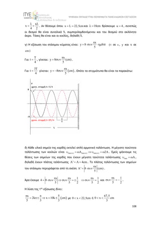 ΨΗΦΙΑΚΑ ΕΚΠΑΙΔΕΥΤΙΚΑ ΒΟΗΘΗΜΑΤΑ ΠΑΝΕΛΛΑΔΙΚΩΝ ΕΞΕΤΑΣΕΩΝ
108
x
4 2
 
  . Aν θέσουμε όπου x L 22,5cm
  και 10cm
  βρίσκουμε 4
  , συνεπώς
οι δεσμοί θα είναι συνολικά 5, συμπεριλαμβανόμενου και του δεσμού στο ακλόνητο
άκρο. Τόσες θα είναι και οι κοιλίες, δηλαδή 5.
γ) H εξίσωση του στάσιμου κύματος είναι:
x
y 8 8 t
5

    ( t σε s , y και x σε
cm)
Για
T
t
4
 , γίνεται:
x
y 8 (cm)
5

  .
Για
3T
t
4
 γίνεται:  
x
y 8 cm
5

   . Οπότε τα στιγμιότυπα θα είναι τα παρακάτω:
δ) Κάθε υλικό σημείο της χορδής εκτελεί απλή αρμονική ταλάντωση. Η μέγιστη ταχύτητα
ταλάντωσης των κοιλιών είναι max( ) max( ) max( )
A 2A
  
       . Εμείς ψάχνουμε τις
θέσεις των σημείων της χορδής που έχουν μέγιστη ταχύτητα ταλάντωσης max A
   ,
δηλαδή έχουν πλάτος ταλάντωσης ' 4cm
    . Το πλάτος ταλάντωσης των σημείων
του στάσιμου περιγράφεται από τη σχέση
x
A' 8 (cm)
5

  .
Άρα έχουμε
x x 1 x 1
4 8
5 5 2 5 2
  
         και
x 1
5 2

   .
Η λύση της 1ης
εξίσωσης δίνει:
 
x 5
2k x 10k cm
5 3 3
 
     με 0 x 22,5cm
  ή
67,5
0 x cm
3
 
 