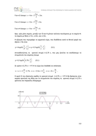 ΨΗΦΙΑΚΑ ΕΚΠΑΙΔΕΥΤΙΚΑ ΒΟΗΘΗΜΑΤΑ ΠΑΝΕΛΛΑΔΙΚΩΝ ΕΞΕΤΑΣΕΩΝ
112
Για κ=2 έχουμε
2m
x 4m 2 2m.
2
  
Για κ=3 έχουμε
2m
x 4m 3 1m.
2
  
Για κ=4 έχουμε
2m
x 4m 4 0.
2
  
Άρα, τρία μόνο σημεία, μεταξύ των Ο και Ν μένουν ακίνητα ταυτόχρονα με το σημείο Ν:
τα σημεία με θέση x=1m, x=2m, και x=3m.
Η εξίσωση που περιγράφει το αρμονικό κύμα, που διαδίδεται κατά τη θετική φορά του
άξονα x΄Ox είναι
x x
1 2
(S.I.)
   

   
   
t t
y = Aημ2π - y = 0,1ημ2π -
T λ
Αντικαθιστώντας τη χρονική στιγμή t=2,75 s, που μας ζητείται να σχεδιάσουμε το
στιγμιότυπο του κύματος έχουμε
x
2
(S.I.)
 
 
 
y = 0,1ημ2π 2,75-
Σε χρόνο t=2,75 s = 11Τ/4 το κύμα έχει διαδοθεί σε απόσταση
m 3
x t 2 2,75s x 5,5m 11 x 2
s 4 4
 
           .
H αρχή Ο της ελαστικής χορδής τη χρονική στιγμή t=2,75 s = 11Τ/4 θα βρίσκεται στην
ακραία αρνητική της θέση και το στιγμιότυπο του κύματος τη χρονική στιγμή t=2,75 s
φαίνεται στο παρακάτω διάγραμμα
 