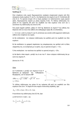 ΨΗΦΙΑΚΑ ΕΚΠΑΙΔΕΥΤΙΚΑ ΒΟΗΘΗΜΑΤΑ ΠΑΝΕΛΛΑΔΙΚΩΝ ΕΞΕΤΑΣΕΩΝ
118
Πρόβλημα 8.
Στην επιφάνεια ενός υγρού δημιουργούνται εγκάρσια επιφανειακά κύματα από δύο
σύγχρονες πηγές κυμάτων Π1 και Π2, που βρίσκονται στα σημεία Α και Β. Η απόσταση ΑΒ
είναι 8 m. Τη χρονική στιγμή t=0 οι πηγές αρχίζουν να ταλαντώνονται χωρίς αρχική
φάση, δημιουργώντας κύματα με μήκος κύματος λ=2m. Το πλάτος ταλάντωσης του
μέσου Μ του τμήματος ΑΒ μετά την συμβολή των δύο κυμάτων είναι 2cm και η
συχνότητα της ταλάντωσής του είναι 0,5 Hz.
Ένα μικρό κομμάτι φελλού, μάζας m= 0,01 kg, βρίσκεται σε σημείο Ρ της ευθείας που
διέρχεται από το Α και είναι κάθετη στο ευθύγραμμο τμήμα ΑΒ, σε αποστάσεις
r1 = 6 m και r2 από τις πηγές Π1 και Π2 αντίστοιχα και εκτελεί απλή αρμονική ταλάντωση
κάθετα στην επιφάνεια του υγρού.
Α) Να υπολογίσετε την ενέργεια ταλάντωσης του φελλού μετά την συμβολή των δύο
κυμάτων.
Β) Να σχεδιάσετε τη γραφική παράσταση της απομάκρυνσης του φελλού από τη θέση
ισορροπίας του, σε συνάρτηση με το χρόνο, έως τη χρονική στιγμή t1 = 12 s.
Γ) Να υπολογίσετε την ταχύτητα του φελλού τη χρονική στιγμή t2 = 20 s.
Δ) Να βρείτε πόσα σημεία μεταξύ του Α και του Ρ έχουν ενέργεια ταλάντωσης ίση με
αυτή του σημείου Ρ.
Δίνεται ότι π2
=10.
Λύση
Α) Η απόσταση r2 μεταξύ των σημείων Β και Ρ
βρίσκεται με εφαρμογή του πυθαγόρειου
θεωρήματος για το τρίγωνο ΑΒΡ
2
1
2
2
2 2
2
( ) r r 6 m
r 10
( B)
m
A 8
.
      

Το πλάτος ταλάντωσης του μέσου Μ του τμήματος ΑΒ μετά την συμβολή των δύο
κυμάτων είναι 2cm. Το σημείο Μ είναι σημείο ενισχυτικής συμβολής, άρα
M 2cm 1cm.
2A 2A A

    

Η συχνότητα της ταλάντωσης είναι 0,5 Hz, άρα
ω=2πf=2π·0,5= π rad/s και
1
f 0,5
      
1
=2s.
 