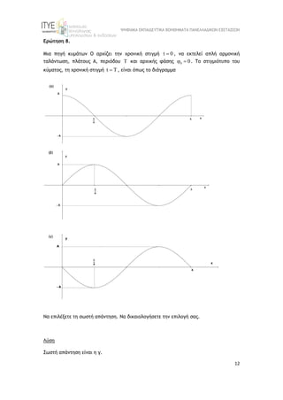 ΨΗΦΙΑΚΑ ΕΚΠΑΙΔΕΥΤΙΚΑ ΒΟΗΘΗΜΑΤΑ ΠΑΝΕΛΛΑΔΙΚΩΝ ΕΞΕΤΑΣΕΩΝ
12
Ερώτηση 8.
Μια πηγή κυμάτων Ο αρχίζει την χρονική στιγμή t 0
 , να εκτελεί απλή αρμονική
ταλάντωση, πλάτους Α, περιόδου T και αρχικής φάσης 0 0
  . Το στιγμιότυπο του
κύματος, τη χρονική στιγμή t T
 , είναι όπως το διάγραμμα
Να επιλέξετε τη σωστή απάντηση. Να δικαιολογήσετε την επιλογή σας.
Λύση
Σωστή απάντηση είναι η γ.
 