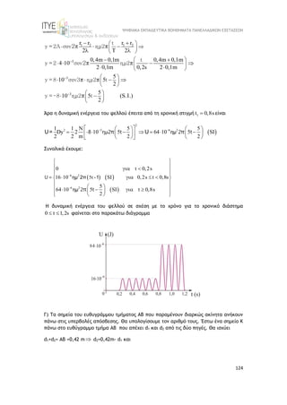 ΨΗΦΙΑΚΑ ΕΚΠΑΙΔΕΥΤΙΚΑ ΒΟΗΘΗΜΑΤΑ ΠΑΝΕΛΛΑΔΙΚΩΝ ΕΞΕΤΑΣΕΩΝ
124
1 2 1 2
3
3
3
r r r r
2 2
0,4m 0,1m 0,4m 0,1m
4 10
2 0,1m 0,2s 2 0,1m
5
10 5
2
5
10 5 (S.I.)
2



 
 
 
 
 
  
 
 
 
 
 
 
 
 
 
  
 
  
 
   
 
t
y =2A συν ημ2
t
y =2 συν ημ2
y =8 συν3 ημ2 t
y =-8 ημ2 t
2π π
2π π
π π
π
Άρα η δυναμική ενέργεια του φελλού έπειτα από τη χρονική στιγμή 1
t 0,8s
 είναι
 
2
2 3 6 2
1 1 N 5 5
Dy 2 10 5 64 10 5 SI
2 2 m 2 2
 
 
   
      
   
 
   
 
ημ
U= U
-8 ημ2 t 2 t
π π
Συνολικά έχουμε:
   
 
6 2
6 2
5t
0 t 0,2s
16 10 SI 0,2s t 0,8s
5
64 10 5 SI t 0,8s
2


 
 
 
 
 
   
 
 
 
 
   
 
 
 
 
U=
2 t
π
ημ 2π -1
ημ
H δυναμική ενέργεια του φελλού σε σχέση με το χρόνο για το χρονικό διάστημα
0 t 1,2s
  φαίνεται στο παρακάτω διάγραμμα
Γ) Τα σημεία του ευθυγράμμου τμήματος ΑΒ που παραμένουν διαρκώς ακίνητα ανήκουν
πάνω στις υπερβολές απόσβεσης. Θα υπολογίσουμε τον αριθμό τους. Έστω ένα σημείο Κ
πάνω στο ευθύγραμμο τμήμα ΑΒ που απέχει d1 και d2 από τις δύο πηγές. Θα ισχύει
d1+d2= ΑΒ =0,42 m d2=0,42m- d1 και
 