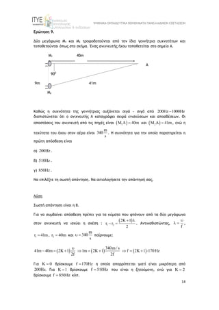 ΨΗΦΙΑΚΑ ΕΚΠΑΙΔΕΥΤΙΚΑ ΒΟΗΘΗΜΑΤΑ ΠΑΝΕΛΛΑΔΙΚΩΝ ΕΞΕΤΑΣΕΩΝ
14
Ερώτηση 9.
Δύο μεγάφωνα Μ1 και Μ2 τροφοδοτούνται από την ίδια γεννήτρια συχνοτήτων και
τοποθετούνται όπως στο σχήμα. Ένας ανιχνευτής ήχου τοποθετείται στο σημείο Α.
Μ1 40m
A
900
9m 41m
Μ2
Καθώς η συχνότητα της γεννήτριας αυξάνεται σιγά - σιγά από 200Hz 1000Hz

διαπιστώνεται ότι ο ανιχνευτής Α καταγράφει σειρά ενισχύσεων και αποσβέσεων. Οι
αποστάσεις του ανιχνευτή από τις πηγές είναι  
1
M A 40m
 και  
2
M A 41m
 , ενώ η
ταχύτητα του ήχου στον αέρα είναι
m
340
s
. Η συχνότητα για την οποία παρατηρείται η
πρώτη απόσβεση είναι
α) 200Hz.
β) 510Hz .
γ) 850Hz .
Να επιλέξτε τη σωστή απάντηση. Να αιτιολογήσετε την απάντησή σας.
Λύση
Σωστή απάντηση είναι η β.
Για να συμβαίνει απόσβεση πρέπει για τα κύματα που φτάνουν από τα δύο μεγάφωνα
στον ανιχνευτή να ισχύει η σχέση :
 
1 2
2K 1
r r
2
 
  . Αντικαθιστώντας,
f

  ,
1
r 41m
 , 2
r 40m
 και
m
340
s
  παίρνουμε:
     
340m / s
41m 40m 2K 1 1m 2K 1 f 2K 1 170Hz
2f 2f

         
Για K 0
 βρίσκουμε f 170Hz
 η οποία απορρίπτεται γιατί είναι μικρότερη από
200Hz. Για K 1
 βρίσκουμε f 510Hz
 που είναι η ζητούμενη, ενώ για K 2

βρίσκουμε f 850Hz
 κλπ.
 