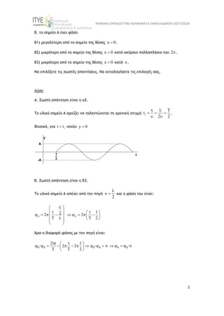 ΨΗΦΙΑΚΑ ΕΚΠΑΙΔΕΥΤΙΚΑ ΒΟΗΘΗΜΑΤΑ ΠΑΝΕΛΛΑΔΙΚΩΝ ΕΞΕΤΑΣΕΩΝ
2
Β. το σημείο Α έχει φάση
β1) μεγαλύτερη από το σημείο της θέσης x 0
 .
β2) μικρότερη από το σημείο της θέσης x 0
 κατά ακέραιο πολλαπλάσιο του 2.
β3) μικρότερη από το σημείο της θέσης x 0
 κατά .
Να επιλέξετε τις σωστές απαντήσεις. Να αιτιολογήσετε τις επιλογές σας.
Λύση
Α. Σωστή απάντηση είναι η α2.
Το υλικό σημείο Α αρχίζει να ταλαντώνεται τη χρονική στιγμή 1
x
t
2 2
 
  
 
.
Φυσικά, για 1
t t
 ισχύει y 0

Β. Σωστή απάντηση είναι η β3.
Το υλικό σημείο Α απέχει από την πηγή x
2

 και η φάση του είναι:
A A
t t 1
2
2 2
T T 2

 
   
        
   
  
 
 
Άρα η διαφορά φάσης με την πηγή είναι:
2 t t 1
2 2
T T 2
O A O A A O
- - -
  
                
 
 
 