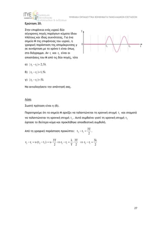 ΨΗΦΙΑΚΑ ΕΚΠΑΙΔΕΥΤΙΚΑ ΒΟΗΘΗΜΑΤΑ ΠΑΝΕΛΛΑΔΙΚΩΝ ΕΞΕΤΑΣΕΩΝ
27
Ερώτηση 20.
Στην επιφάνεια ενός υγρού δύο
σύγχρονες πηγές παράγουν κύματα ίδιου
πλάτους και ίδιας συχνότητας. Για ένα
σημείο Μ της επιφάνειας του υγρού, η
γραφική παράσταση της απομάκρυνσης y
σε συνάρτηση με το χρόνο t είναι όπως
στο διάγραμμα. Αν 1
r και 2
r είναι οι
αποστάσεις του Μ από τις δύο πηγές, τότε
α) 2 1
| r r | 2,5λ
 
β) 2 1
| r r | 1,5λ
 
γ) 2 1
| r r | 5λ
 
Να αιτιολογήσετε την απάντησή σας.
Λύση
Σωστή πρόταση είναι η (β).
Παρατηρούμε ότι το σημείο Μ αρχίζει να ταλαντώνεται τη χρονική στιγμή 1
t και σταματά
να ταλαντώνεται τη χρονική στιγμή 2
t . Αυτό συμβαίνει γιατί τη χρονική στιγμή 2
t
έφτασε το δεύτερο κύμα και προκλήθηκε αποσβεστική συμβολή.
Από τη γραφική παράσταση προκύπτει: 2 1
3T
t t
2
  .
2 1 2 1 2 1 2 1
3T λ 3T 3λ
r r υ (t t ) υ r r r r
2 T 2 2
           
 