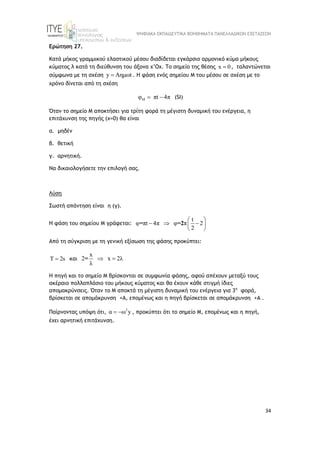 ΨΗΦΙΑΚΑ ΕΚΠΑΙΔΕΥΤΙΚΑ ΒΟΗΘΗΜΑΤΑ ΠΑΝΕΛΛΑΔΙΚΩΝ ΕΞΕΤΑΣΕΩΝ
34
Ερώτηση 27.
Κατά μήκος γραμμικού ελαστικού μέσου διαδίδεται εγκάρσιο αρμονικό κύμα μήκους
κύματος λ κατά τη διεύθυνση του άξονα x’Ox. Το σημείο της θέσης x 0
 , ταλαντώνεται
σύμφωνα με τη σχέση y Aημωt
 . Η φάση ενός σημείου Μ του μέσου σε σχέση με το
χρόνο δίνεται από τη σχέση
Μ
φ πt 4π
  (SI)
Όταν το σημείο Μ αποκτήσει για τρίτη φορά τη μέγιστη δυναμική του ενέργεια, η
επιτάχυνση της πηγής (x=0) θα είναι
α. μηδέν
β. θετική
γ. αρνητική.
Να δικαιολογήσετε την επιλογή σας.
Λύση
Σωστή απάντηση είναι η (γ).
Η φάση του σημείου Μ γράφεται:
t
φ πt 4π φ π 2
2
= =2
 
  
 
 
Από τη σύγκριση με τη γενική εξίσωση της φάσης προκύπτει:
Τ 2s
 και
x
2 x 2λ
λ
=  
Η πηγή και το σημείο Μ βρίσκονται σε συμφωνία φάσης, αφού απέχουν μεταξύ τους
ακέραιο πολλαπλάσιο του μήκους κύματος και θα έχουν κάθε στιγμή ίδιες
απομακρύνσεις. Όταν τo M αποκτά τη μέγιστη δυναμική του ενέργεια για 3η
φορά,
βρίσκεται σε απομάκρυνση +Α, επομένως και η πηγή βρίσκεται σε απομάκρυνση +Α .
Παίρνοντας υπόψη ότι, 2
α ω y
  , προκύπτει ότι το σημείο Μ, επομένως και η πηγή,
έχει αρνητική επιτάχυνση.
 