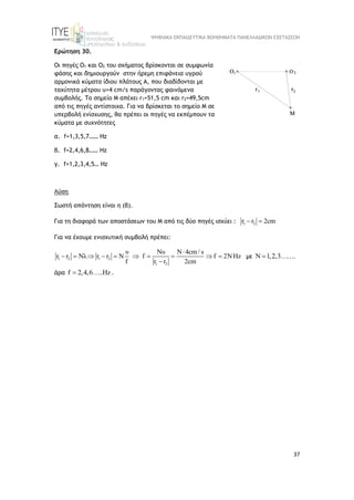 ΨΗΦΙΑΚΑ ΕΚΠΑΙΔΕΥΤΙΚΑ ΒΟΗΘΗΜΑΤΑ ΠΑΝΕΛΛΑΔΙΚΩΝ ΕΞΕΤΑΣΕΩΝ
37
Ερώτηση 30.
Οι πηγές Ο1 και Ο2 του σχήματος βρίσκονται σε συμφωνία
φάσης και δημιουργούν στην ήρεμη επιφάνεια υγρού
αρμονικά κύματα ίδιου πλάτους Α, που διαδίδονται με
ταχύτητα μέτρου υ=4 cm/s παράγοντας φαινόμενα
συμβολής. Tο σημείο Μ απέχει r1=51,5 cm και r2=49,5cm
από τις πηγές αντίστοιχα. Για να βρίσκεται το σημείο Μ σε
υπερβολή ενίσχυσης, θα πρέπει οι πηγές να εκπέμπουν τα
κύματα με συχνότητες
α. f=1,3,5,7…… Hz
β. f=2,4,6,8…… Hz
γ. f=1,2,3,4,5… Hz
Λύση
Σωστή απάντηση είναι η (β).
Για τη διαφορά των αποστάσεων του Μ από τις δύο πηγές ισχύει : 1 2
r r 2cm
 
Για να έχουμε ενισχυτική συμβολή πρέπει:
1 2 1 2
1 2
υ Nυ N 4cm / s
r r Nλ r r N f f 2NHz
f r r 2cm

         

με Ν 1,2,3 .
 
άρα f 2,4,6 ..Hz
  .
 