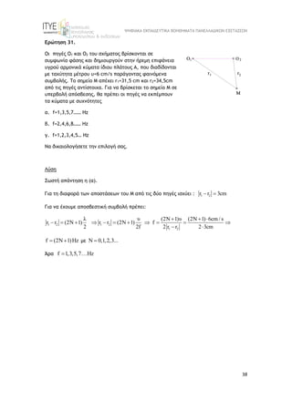 ΨΗΦΙΑΚΑ ΕΚΠΑΙΔΕΥΤΙΚΑ ΒΟΗΘΗΜΑΤΑ ΠΑΝΕΛΛΑΔΙΚΩΝ ΕΞΕΤΑΣΕΩΝ
38
Ερώτηση 31.
Οι πηγές Ο1 και Ο2 του σχήματος βρίσκονται σε
συμφωνία φάσης και δημιουργούν στην ήρεμη επιφάνεια
υγρού αρμονικά κύματα ίδιου πλάτους Α, που διαδίδονται
με ταχύτητα μέτρου υ=6 cm/s παράγοντας φαινόμενα
συμβολής. Tο σημείο Μ απέχει r1=31,5 cm και r2=34,5cm
από τις πηγές αντίστοιχα. Για να βρίσκεται το σημείο Μ σε
υπερβολή απόσβεσης, θα πρέπει οι πηγές να εκπέμπουν
τα κύματα με συχνότητες
α. f=1,3,5,7…… Hz
β. f=2,4,6,8…… Hz
γ. f=1,2,3,4,5… Hz
Να δικαιολογήσετε την επιλογή σας.
Λύση
Σωστή απάντηση η (α).
Για τη διαφορά των αποστάσεων του Μ από τις δύο πηγές ισχύει : 1 2
r r 3cm
 
Για να έχουμε αποσβεστική συμβολή πρέπει:
1 2 1 2
1 2
λ υ (2N 1)υ (2N 1) 6cm / s
r r (2N 1) r r (2N 1) f
2 2f 2 r r 2 3cm
  
          
 
f (2N 1)Hz
  με N 0,1,2,3...

Άρα f 1,3,5,7 Hz
 
 
