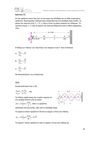 ΨΗΦΙΑΚΑ ΕΚΠΑΙΔΕΥΤΙΚΑ ΒΟΗΘΗΜΑΤΑ ΠΑΝΕΛΛΑΔΙΚΩΝ ΕΞΕΤΑΣΕΩΝ
40
Ερώτηση 33.
Σε ένα οριζόντιο σχοινί που έχει το ένα άκρο του ελεύθερο και το άλλο στερεωμένο
ακλόνητα, δημιουργούμε στάσιμο κύμα σχηματίζοντας στο ελεύθερο άκρο κοιλία. Το
μήκος του σχοινιού είναι L 7λ / 4
 όπου λ είναι το μήκος κύματος του στάσιμου. Τη
χρονική στιγμή t 0
 όλα τα σημεία του σχοινιού διέρχονται από τη θέση ισορροπίας
τους.
Ο λόγος των πλατών των ταχυτήτων των σημείων Α και Γ είναι αντίστοιχα
α.
A
max
Γ
max
υ
2
υ

β.
A
max
Γ
max
υ 2
υ 2

γ.
A
max
Γ
max
υ
3
υ

Να δικαιολογήσετε την επιλογή σας.
Λύση
Σωστή απάντηση είναι η (β).
maxA A
maxΓ Γ
υ ω A
υ ω A



, (1)
Το πλάτος ταλάντωσης του τυχαίου σημείου σε
ένα στάσιμο δίνεται από τη σχέση
2 x
2A


  

, όπου x η οριζόντια
απόσταση από μια κοιλία, εδώ από το ελεύθερο άκρο.
Το σημείο Α απέχει οριζόντια λ/8 από το σημείο x=0 και έχει πλάτος
A
2
2A 2
8

    

.
Το σημείο Γ απέχει οριζόντια λ από το σημείο x=0 και έχει πλάτος 2Α.
 