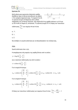 ΨΗΦΙΑΚΑ ΕΚΠΑΙΔΕΥΤΙΚΑ ΒΟΗΘΗΜΑΤΑ ΠΑΝΕΛΛΑΔΙΚΩΝ ΕΞΕΤΑΣΕΩΝ
44
Ερώτηση 36.
Κατά μήκος μιας ομογενούς ελαστικής χορδής,
διαδίδεται προς τη θετική κατεύθυνση του άξονα
x΄Ox εγκάρσιο αρμονικό κύμα. To σημείο Ο (x=0)
τη χρονική στιγμή t=0 διέρχεται από τη θέση
ισορροπίας του με θετική ταχύτητα. Δύο σημεία Μ,Ν της χορδής απέχουν xM=λ/4 και
xN=3λ/4 από τo σημείο Ο, αντίστοιχα. Τη χρονική στιγμή 5T/4 ο λόγος των ταχυτήτων
ταλάντωσης
(M)
(N)


των σημείων Μ και Ν είναι
α. -1.
β. 1.
γ. 2.
Να επιλέξετε τη σωστή απάντηση και να δικαιολογήσετε την επιλογή σας.
Λύση
Σωστή απάντηση είναι η (α).
Η απομάκρυνση ενός σημείου της χορδής δίνεται από τη σχέση :
t x
y A 2
T
 
   
 

 
και η ταχύτητα ταλάντωσής του από τη σχέση :
t x
A 2
T
 
     
 

 
Για το σημείο Μ έχουμε:
5
5 1
4 4
A 2 A 2 2
T 4 4
  
 
 
   
                   
   
  
 
 
Για το σημείο Ν έχουμε:
5 3
5 3
4 4
A 2 A 2
T 4 4
  
 
 
   
                  
   
  
 
 
Ο λόγος των ταχυτήτων ταλάντωσης των σημείων Μ και Ν είναι
(M)
(N)
1
 
  
 
 