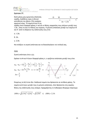 ΨΗΦΙΑΚΑ ΕΚΠΑΙΔΕΥΤΙΚΑ ΒΟΗΘΗΜΑΤΑ ΠΑΝΕΛΛΑΔΙΚΩΝ ΕΞΕΤΑΣΕΩΝ
45
Ερώτηση 37.
Κατά μήκος μιας ομογενούς ελαστικής
χορδής, διαδίδεται προς τη θετική
κατεύθυνση του άξονα x’Ox εγκάρσιο
αρμονικό κύμα. Tα σημεία Μ και Ν της
χορδής έχουν διαφορά φάσης π rad και οι θέσεις ισορροπίας τους απέχουν μεταξύ τους
1,5Α , όπου Α είναι το πλάτος του κύματος. H μέγιστη απόσταση μεταξύ των σημείων Μ
και Ν κατά τη διάρκεια της ταλάντωσής τους είναι
α. 1,5Α.
β. 2Α.
γ. 2,5Α.
Να επιλέξετε τη σωστή απάντηση και να δικαιολογήσετε την επιλογή σας.
Λύση
Σωστή απάντηση είναι η (γ).
Εφόσον τα Μ και Ν έχουν διαφορά φάσης π, η οριζόντια απόσταση μεταξύ τους είναι
N
M
M N
N M
M N
x
x
t t
2 2
T T
x x x
2 2
x
2
 
 
        
   
 
   
 
        
 

 
Επομένως τα Μ,Ν είναι δύο διαδοχικά σημεία που βρίσκονται σε αντίθεση φάσης. Τα
σημεία αυτά έχουν μεταξύ τους τη μέγιστη απόσταση, όταν βρίσκονται στις ακραίες
θέσεις της ταλάντωσής τους (σχήμα). Εφαρμόζοντας το πυθαγόρειο θεώρημα παίρνουμε:
   
2 2 2
(MN) 1,5A 2A 6,25A (MN) 2,5A
   
ή
 