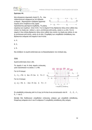 ΨΗΦΙΑΚΑ ΕΚΠΑΙΔΕΥΤΙΚΑ ΒΟΗΘΗΜΑΤΑ ΠΑΝΕΛΛΑΔΙΚΩΝ ΕΞΕΤΑΣΕΩΝ
54
Ερώτηση 44.
Δύο σύγχρονες σημειακές πηγές Π1, Π2, που
ταλαντώνονται σύμφωνα με την εξίσωση
y=Aημωt , δημιουργούν εγκάρσια αρμονικά
κύματα στην επιφάνεια ενός υγρού
προκαλώντας φαινόμενα συμβολής. Το μήκος
κύματος των κυμάτων είναι λ=2m. Για το σημείο Ν που βρίσκεται πάνω στην ευθεία που
ενώνει τις πηγές και απέχει L1 και L2 αντίστοιχα από αυτές, ισχύει L1-L2=4m. Για το
σημείο Λ που επίσης βρίσκεται πάνω στην ευθεία που ενώνει τις πηγές και απέχει d1 και
d2 αντίστοιχα από αυτές, ισχύει d2-d1=6m. Ο αριθμός των υπερβολών απόσβεσης που
βρίσκονται ανάμεσα στα σημεία Λ και Ν είναι
α. 4.
β. 5.
γ. 6.
Να επιλέξετε τη σωστή απάντηση και να δικαιολογήσετε την επιλογή σας.
Λύση
Σωστή απάντηση είναι η (β).
Τα σημεία Λ και Ν είναι σημεία ενίσχυσης
γιατί ικανοποιούν τη σχέση r1-r2=Nλ.
Για το Ν έχουμε:
1 2
L L N 4m N 2m N 2
     
ή ή
Για το Λ έχουμε:
1 2
d d N 6m N 2m N 3
       
ή ή
Οι υπερβολές ενίσχυσης από το Λ έως το Ν είναι 6 και αντιστοιχούν στα Ν: -3 , -2 , -1 ,
0 , 1 και 2.
Μεταξύ δύο διαδοχικών υπερβολών ενίσχυσης υπάρχει μια υπερβολή απόσβεσης.
Επομένως ανάμεσα στα Λ και Ν υπάρχουν 5 υπερβολές απόσβεσης (δες σχήμα).
 