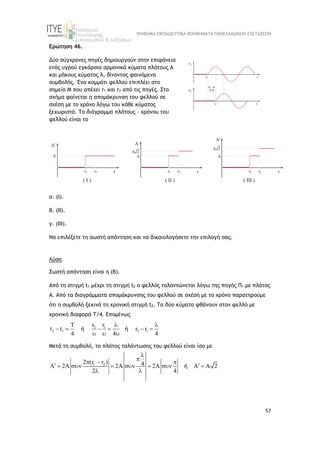 ΨΗΦΙΑΚΑ ΕΚΠΑΙΔΕΥΤΙΚΑ ΒΟΗΘΗΜΑΤΑ ΠΑΝΕΛΛΑΔΙΚΩΝ ΕΞΕΤΑΣΕΩΝ
57
Ερώτηση 46.
Δύο σύγχρονες πηγές δημιουργούν στην επιφάνεια
ενός υγρού εγκάρσια αρμονικά κύματα πλάτους Α
και μήκους κύματος λ, δίνοντας φαινόμενα
συμβολής. Ένα κομμάτι φελλού επιπλέει στο
σημείο Μ που απέχει r1 και r2 από τις πηγές. Στο
σχήμα φαίνεται η απομάκρυνση του φελλού σε
σχέση με το χρόνο λόγω του κάθε κύματος
ξεχωριστά. Το διάγραμμα πλάτους – χρόνου του
φελλού είναι το
α. (Ι).
β. (ΙΙ).
γ. (ΙΙΙ).
Να επιλέξετε τη σωστή απάντηση και να δικαιολογήσετε την επιλογή σας.
Λύση
Σωστή απάντηση είναι η (β).
Από τη στιγμή t1 μέχρι τη στιγμή t2 o φελλός ταλαντώνεται λόγω της πηγής Π1 με πλάτος
Α. Aπό τα διαγράμματα απομάκρυνσης του φελλού σε σχέση με το χρόνο παρατηρούμε
ότι η συμβολή ξεκινά τη χρονική στιγμή t2. Τα δύο κύματα φθάνουν στον φελλό με
χρονική διαφορά Τ/4. Επομένως
2 1
2 1 2 1
T r r
t t r r
4 4 4
 
     
  
ή ή
Mετά τη συμβολή, το πλάτος ταλάντωσης του φελλού είναι ίσο με
1 2
2 (r r ) 4
A 2A 2A 2A A A 2
2 4


  
 
      
 
ή
 