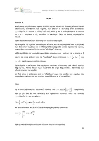 ΨΗΦΙΑΚΑ ΕΚΠΑΙΔΕΥΤΙΚΑ ΒΟΗΘΗΜΑΤΑ ΠΑΝΕΛΛΑΔΙΚΩΝ ΕΞΕΤΑΣΕΩΝ
61
ΘΕΜΑ Γ
Άσκηση 1.
Κατά μήκος μιας ελαστικής χορδής μεγάλου μήκους που το ένα άκρο της είναι ακλόνητα
στερεωμένο, διαδίδονται δύο κύματα, των οποίων οι εξισώσεις είναι αντίστοιχα:
1
y 10 2 (5t x)
    και 2
y 10 2 (5t x)
    , όπου y και x είναι μετρημένα σε cm και
το t σε s . Στη θέση x 0
 , που είναι το “ελεύθερο” άκρο της χορδής δημιουργείται
κοιλία.
α) Να βρείτε την ταχύτητα διάδοσης των κυμάτων στη χορδή.
β) Να βρείτε την εξίσωση του στάσιμου κύματος που θα δημιουργηθεί από τη συμβολή
των δύο αυτών κυμάτων και το πλάτος ταλάντωσης κάθε υλικού σημείου της χορδής,
συναρτήσει της απόστασής του από το “ελεύθερο” άκρο της.
γ) Να σχεδιάσετε τις γραφικές παραστάσεις απομάκρυνσης - χρόνου, για τα σημεία Α, Β
και Γ, τα οποία απέχουν από το “ελεύθερο” άκρο αντίστοιχα, A
x
4

 , B
x
2

 και
x   , αφού δημιουργηθεί το στάσιμο.
δ) Να βρείτε τη σχέση που δίνει τη μέγιστη ταχύτητα ταλάντωσης κάθε υλικού σημείου
της χορδής. Μεταξύ ποιών τιμών κυμαίνεται το μέτρο της μέγιστης ταχύτητας των
υλικών σημείων της χορδής;
ε) Ποιά είναι η απόσταση από το “ελεύθερο” άκρο της χορδής των σημείων που
παραμένουν ακίνητα και των σημείων που πάλλονται με μέγιστο πλάτος;
Λύση
α) Η γενική εξίσωση του αρμονικού κύματος είναι
t x
y A 2
T
 
   
 

 
. Συγκρίνοντάς
την με μία από τις δύο εξισώσεις των τρεχόντων κυμάτων, έστω την εξίσωση
1
y 10 2 (5t x)
    , προκύπτει:
t 1
5t T s
T 5
   και
x
x 1cm
   

Με αντικατάσταση στη θεμελιώδη εξίσωση της κυματικής προκύπτει:
1cm cm
5
1 s
s
5

     

β) Η γενική εξίσωση του στάσιμου κύματος δίνεται από τη σχέση
 