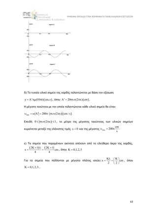 ΨΗΦΙΑΚΑ ΕΚΠΑΙΔΕΥΤΙΚΑ ΒΟΗΘΗΜΑΤΑ ΠΑΝΕΛΛΑΔΙΚΩΝ ΕΞΕΤΑΣΕΩΝ
63
δ) Το τυχαίο υλικό σημείο της χορδής ταλαντώνεται με βάση την εξίσωση
 
y A' (10 t) cm,s
   , όπου  
A' 20 (2 x) cm
   .
Η μέγιστη ταχύτητα με την οποία ταλαντώνεται κάθε υλικό σημείο θα είναι:
 
max ' 200 (2 x) cm / s
       
Επειδή 0 (2 x) 1
    , το μέτρο της μέγιστης ταχύτητας των υλικών σημείων
κυμαίνεται μεταξύ της ελάχιστης τιμής 0
  και της μέγιστης max
cm
200
s
   
ε) Tα σημεία που παραμένουν ακίνητα απέχουν από το ελεύθερο άκρο της χορδής,
   
2K 1 2K 1
x cm
4 4
  
  , όπου K 0,1,2,3

Για τα σημεία που πάλλονται με μέγιστο πλάτος ισχύει:
K K
x cm
2 2
  
   
 
, όπου
K 0,1,2,3...

 