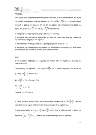 ΨΗΦΙΑΚΑ ΕΚΠΑΙΔΕΥΤΙΚΑ ΒΟΗΘΗΜΑΤΑ ΠΑΝΕΛΛΑΔΙΚΩΝ ΕΞΕΤΑΣΕΩΝ
64
Άσκηση 2.
Κατά μήκος ενός γραμμικού ελαστικού μέσου και κατά τη θετική κατεύθυνση του άξονα
x'0x διαδίδεται αρμονικό κύμα με εξίσωση:
x
y 0,1 (4 t )
2

    (S.I.). Κάποια χρονική
στιγμή t οι φάσεις δυο σημείων (Μ) και (Ν) του μέσου, τα οποία βρίσκονται δεξιά της
πηγής (Ο), είναι
10
rad
3


  και
17
rad
6


  αντίστοιχα.
α) Να βρείτε το μέτρο της ταχύτητας διάδοσης του κύματος.
β) Να βρείτε ποιο από τα δυο σημεία (Μ), (Ν) είναι πιο κοντά στην πηγή (Ο), καθώς και
την απόσταση μεταξύ των δύο σημείων.
γ) Να σχεδιάσετε το στιγμιότυπο του κύματος τη χρονική στιγμή t 1s
 .
δ) Να βρείτε την απομάκρυνση του σημείου (Ν) από τη θέση ισορροπίας του, κάθε φορά
που το σημείο (Μ) αποκτά τη μέγιστη θετική απομάκρυνση.
Λύση
α) Η ταχύτητα διάδοσης του κύματος θα βρεθεί από τη θεμελιώδη εξίσωση της
κυματικής f
   .
Συγκρίνοντας την εξίσωση
x
y 0,1 (4 t - )
2

   με τη γενική εξίσωση των κυμάτων,
t x
y A 2 ( - )
T
  

έχουμε ότι:
2 t
4 t T 0,5s f 2Hz
T

     
x 2 x
4m
2
 
   

Συνεπώς f 8m/ s
   
β) Όπως φαίνεται από τη σχέση που δίνει τη φάση του κύματος
t x
2 ( - )
T
  

, όσο πιο
μακριά είναι ένα σημείο από την πηγή τόσο μικρότερη είναι η φάση του.
H φάση του σημείου Μ,
10 20
rad rad
3 6

 
 
  
 
 
, είναι μεγαλύτερη από τη φάση του
σημείου Ν,
17
rad
6


 
 
 
 
. Συνεπώς πιο κοντά στην πηγή είναι το σημείο Μ.
 