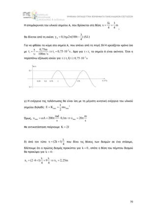 ΨΗΦΙΑΚΑ ΕΚΠΑΙΔΕΥΤΙΚΑ ΒΟΗΘΗΜΑΤΑ ΠΑΝΕΛΛΑΔΙΚΩΝ ΕΞΕΤΑΣΕΩΝ
70
Η απομάκρυνση του υλικού σημείου Α, που βρίσκεται στη θέση
3 3
x m
4 4

 
,
θα δίνεται από τη σχέση A
3
y 0,1 2 (100t ) (S.I.)
4
   
Για να φθάσει το κύμα στο σημείο Α, που απέχει από τη πηγή 3λ/4 χρειάζεται χρόνο ίσο
με
2
1 1
x 0,75m
t t 0,75 10 s
100m / s

    

. Άρα για 1
t t
 το σημείο Α είναι ακίνητο. Έτσι η
παραπάνω εξίσωση ισχύει για 2
1
t t t 0,75 10 s

  
ή
γ) Η ενέργεια της ταλάντωσης θα είναι ίση με τη μέγιστη κινητική ενέργεια του υλικού
σημείου δηλαδή:
2
max max
1
E K m
2
  
Όμως, max max
rad m
A 200 0,1m 20
s s
         
Με αντικατάσταση παίρνουμε K 2J

δ) Από τον τύπο x (2k 1)
4

  που δίνει τις θέσεις των δεσμών σε ένα στάσιμο,
βλέπουμε ότι ο πρώτος δεσμός προκύπτει για k 0
 , οπότε η θέση του πέμπτου δεσμού
θα προκύψει για k 4
 :
5 5
x (2 4 1) 9 x 2,25m
4 4
 
     
 