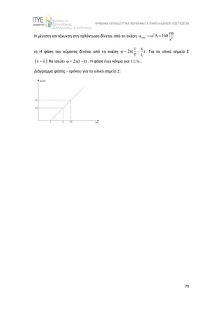 ΨΗΦΙΑΚΑ ΕΚΠΑΙΔΕΥΤΙΚΑ ΒΟΗΘΗΜΑΤΑ ΠΑΝΕΛΛΑΔΙΚΩΝ ΕΞΕΤΑΣΕΩΝ
79
Η μέγιστη επιτάχυνση στη ταλάντωση δίνεται από τη σχέση
2
max 2
cm
A 160
s
   
ε) Η φάση του κύματος δίνεται από τη σχέση
t x
2 ( )
T
   

. Για το υλικό σημείο Σ
 
x   θα ισχύει 2 (t 1)
    . H φάση έχει νόημα για t 1s
 .
Διάγραμμα φάσης - χρόνου για το υλικό σημείο Σ:
 