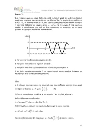 ΨΗΦΙΑΚΑ ΕΚΠΑΙΔΕΥΤΙΚΑ ΒΟΗΘΗΜΑΤΑ ΠΑΝΕΛΛΑΔΙΚΩΝ ΕΞΕΤΑΣΕΩΝ
83
Άσκηση 9.
Ένα εγκάρσιο αρμονικό κύμα διαδίδεται κατά τη θετική φορά σε οριζόντια ελαστική
χορδή που εκτείνεται κατά τη διεύθυνση του άξονα x΄Ox. Tο σημείο O της χορδής στη
θέση x 0
 , τη χρονική στιγμή t 0
 , έχει μηδενική απομάκρυνση και θετική ταχύτητα.
Η ταχύτητα διάδοσης του κύματος είναι υ 1m / s
 . Για ένα σημείο Ν της ελαστικής
χορδής, η απομάκρυνσή του από τη θέση ισορροπίας σε συνάρτηση με το χρόνο
φαίνεται στη γραφική παράσταση που ακολουθεί.
α. Να γράψετε την εξίσωση του κύματος στο S.I.
β. Να βρείτε πόσο απέχει το σημείο Ν από το Ο .
γ. Να βρείτε ποια είναι η μέγιστη ταχύτητα ταλάντωσης του σημείου Ν.
δ. Να βρείτε τη φάση του σημείου Ο, τη χρονική στιγμή που το σημείο Ν βρίσκεται για
πρώτη φορά στην μέγιστή του απομάκρυνση.
Λύση
α. Η εξίσωση που περιγράφει ένα αρμονικό κύμα που διαδίδεται κατά τη θετική φορά
του άξονα x΄Ox είναι:
t x
y Aημ2π -
T λ
 
  
 
. (1)
Πρέπει να υπολογίσουμε το πλάτος Α, την περίοδο Τ και το μήκος κύματος λ.
Από το διάγραμμα προκύπτει ότι:
Α 5cm
 και 2Τ 8s 4s 4s
   , άρα Τ 2s
 .
Από τη θεμελιώδη εξίσωση της κυματικής, βρίσκουμε το μήκος κύματος.
m
υ λf λ υT 1 2s λ 2m
s
      
Mε αντικατάσταση στην (1) παίρνουμε:
t x
y 5ημ2π -
2 2
 
  
 
, (y σε cm, x σε m).
yΝ(cm)
t(s)
5
-5
0
4 8
2
 