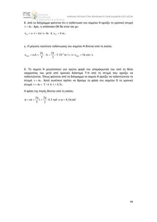ΨΗΦΙΑΚΑ ΕΚΠΑΙΔΕΥΤΙΚΑ ΒΟΗΘΗΜΑΤΑ ΠΑΝΕΛΛΑΔΙΚΩΝ ΕΞΕΤΑΣΕΩΝ
84
β. Από το διάγραμμα φαίνεται ότι η ταλάντωση του σημείου Ν αρχίζει τη χρονική στιγμή
t 4s
 . Άρα, η απόσταση ΟΝ θα είναι ίση με:
N
x υ t 1m / s 4s
    ή N
x 4 m
 .
γ. H μέγιστη ταχύτητα ταλάντωσης του σημείου Ν δίνεται από τη σχέση:
2
max max
2 2
π π
υ ωA A 5 10 m / s υ 5π cm / s.
Τ 2


      
δ. Το σημείο Ν μεγιστοποιεί για πρώτη φορά την απομάκρυνσή του από τη θέση
ισορροπίας του μετά από χρονικό διάστημα Τ/4 από τη στιγμή που αρχίζει να
ταλαντώνεται. Όπως φαίνεται από το διάγραμμα το σημείο Ν αρχίζει να ταλαντώνεται τη
στιγμή t 4s
 . Κατά συνέπεια πρέπει να βρούμε τη φάση του σημείου Ο τη χρονική
στιγμή t 4s Τ / 4
  ή t 4,5s
 .
H φάση της πηγής δίνεται από τη σχέση:
2π 2π
φ ωt t 4,5 rad φ 4,5πrad
T 2
     
 