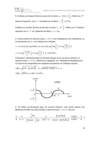 ΨΗΦΙΑΚΑ ΕΚΠΑΙΔΕΥΤΙΚΑ ΒΟΗΘΗΜΑΤΑ ΠΑΝΕΛΛΑΔΙΚΩΝ ΕΞΕΤΑΣΕΩΝ
89
β. Οι θέσεις των δεσμών δίνονται γενικά από τη σχέση Δ
λ
x (2k 1)
4
   . H θέση του 2ου
δεσμού Δ προκύπτει για k 1
 και βρίσκεται στη θέση
3λ
4
x 0,75m
  .
Οι θέσεις των κοιλιών δίνονται γενικά από τη σχέση Κ
λ
x k
2
  . Η θέση της 3ης
κοιλίας Κ
προκύπτει για k 2
 και βρίσκεται στη θέση x λ 1m
  .
γ. Η τρίτη κοιλία Κ τη χρονική στιγμή 1
t 5/ 6 s
 έχει απομάκρυνση που υπολογίζεται με
αντικατάσταση των x, t στην εξίσωση του στάσιμου.
     
5 50
y 0,1 συν 2πx ημ 10πt  0,1 συν 2π ημ 10π 0,1 ημ π
6 6
   
  
   
   
ή
2 48 π
y 0,1 ημ π 0,1 ημ
6 3

   
 
   
   
ή y 0,05 3 m
 .
Η ζητούμενη απόσταση μεταξύ του δεύτερου δεσμού Δ και της τρίτης κοιλίας Κ, τη
χρονική στιγμή 1
t 5/ 6 s
 , βρίσκεται με εφαρμογή του πυθαγόρειου θεωρήματος για
το τρίγωνο που σχηματίζεται στο παρακάτω στιγμιότυπο του στάσιμου κύματος:
 
2
2
(ΔΚ) 0,25 m 0,0625 0,0025 3
3 m
0,05
     
(ΔΚ) 0,07 m (ΔΚ) 0,1 7 m
  
δ. Το πηλίκο της δυναμικής προς την κινητική ενέργεια, ενός υλικού σημείου που
βρίσκεται στη θέση της τρίτης κοιλίας τη χρονική στιγμή 1
t 5/ 6 s
 , θα είναι
   
 
 
2
2
2 2
2 2
2
2
2
0,05 3m
(0,1m)
1
Dy
U U y 0,0075 U
2 3
1 1
K Ε U 0,0025 K
2A y
D 2A Dy
2
0,05 3m
2
      
 
 
y (cm)
5 3
x (m)
1
Κ
0,75
0
-5 3
t1=5/6 s
Δ
 