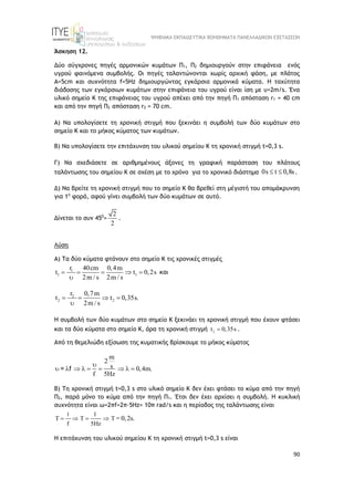 ΨΗΦΙΑΚΑ ΕΚΠΑΙΔΕΥΤΙΚΑ ΒΟΗΘΗΜΑΤΑ ΠΑΝΕΛΛΑΔΙΚΩΝ ΕΞΕΤΑΣΕΩΝ
90
Άσκηση 12.
Δύο σύγχρονες πηγές αρμονικών κυμάτων Π1, Π2 δημιουργούν στην επιφάνεια ενός
υγρού φαινόμενα συμβολής. Οι πηγές ταλαντώνονται χωρίς αρχική φάση, με πλάτος
Α=5cm και συχνότητα f=5Hz δημιουργώντας εγκάρσια αρμονικά κύματα. Η ταχύτητα
διάδοσης των εγκάρσιων κυμάτων στην επιφάνεια του υγρού είναι ίση με υ=2m/s. Ένα
υλικό σημείο K της επιφάνειας του υγρού απέχει από την πηγή Π1 απόσταση r1 = 40 cm
και από την πηγή Π2 απόσταση r2 = 70 cm.
A) Να υπολογίσετε τη χρονική στιγμή που ξεκινάει η συμβολή των δύο κυμάτων στο
σημείο Κ και το μήκος κύματος των κυμάτων.
B) Να υπολογίσετε την επιτάχυνση του υλικού σημείου Κ τη χρονική στιγμή t=0,3 s.
Γ) Να σχεδιάσετε σε αριθμημένους άξονες τη γραφική παράσταση του πλάτους
ταλάντωσης του σημείου Κ σε σχέση με το χρόνο για το χρονικό διάστημα 0s t 0,8s
  .
Δ) Nα βρείτε τη χρονική στιγμή που το σημείο Κ θα βρεθεί στη μέγιστή του απομάκρυνση
για 1η
φορά, αφού γίνει συμβολή των δύο κυμάτων σε αυτό.
Δίνεται το συν 450
=
2
2
.
Λύση
A) Τα δύο κύματα φτάνουν στο σημείο Κ τις χρονικές στιγμές
1
1 1
r 40cm 0,4m
t t 0,2s
2m / s 2m / s
    

και
2
2 2
r 0,7m
t t 0,35s.
2m / s
   

Η συμβολή των δύο κυμάτων στο σημείο Κ ξεκινάει τη χρονική στιγμή που έχουν φτάσει
και τα δύο κύματα στο σημείο Κ, άρα τη χρονική στιγμή 2
t 0,35s
 .
Από τη θεμελιώδη εξίσωση της κυματικής βρίσκουμε το μήκος κύματος
m
2
s 0,4m.
f 5Hz

        
= f
B) Τη χρονική στιγμή t=0,3 s στο υλικό σημείο Κ δεν έχει φτάσει το κύμα από την πηγή
Π2, παρά μόνο το κύμα από την πηγή Π1. Έτσι δεν έχει αρχίσει η συμβολή. Η κυκλική
συχνότητα είναι ω=2πf=2π·5Hz= 10π rad/s και η περίοδος της ταλάντωσης είναι
1 1
f 5Hz
0,2s
       = .
Η επιτάχυνση του υλικού σημείου Κ τη χρονική στιγμή t=0,3 s είναι
 