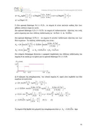 ΨΗΦΙΑΚΑ ΕΚΠΑΙΔΕΥΤΙΚΑ ΒΟΗΘΗΜΑΤΑ ΠΑΝΕΛΛΑΔΙΚΩΝ ΕΞΕΤΑΣΕΩΝ
91
2 2
1
max
2
r
t 0,3s 0,4m 3
T 0,2s 0,4m 2

 
   
  
 
   
 
   
α = -α ημ2π - -ω Αημ2π - α = -ω Αημ2π -1
α = -ω Αημπ = 0
Γ) Στο χρονικό διάστημα 0s t 0,2s
  , το σημείο Κ είναι ακίνητο καθώς δεν έχει
φθάσει κάποιο κύμα σε αυτό.
Στο χρονικό διάστημα 0,2s t 0,35s
  το σημείο Κ ταλαντώνεται εξαιτίας του ενός
μόνο κύματος και έχει πλάτος ταλάντωσης AΚ΄=Α=5cm ή AΚ΄=0,05m.
Στο χρονικό διάστημα 0,35s t
 το σημείο Κ εκτελεί ταλάντωση εξαιτίας και των
δύο κυμάτων. Το πλάτος ταλάντωσής του είναι:
' 1 2
' ' '
r r 0,4m 0,7m
2 2 0,4m
2 ή 2 c
4
συν2π
3π
συν

  

 
  
 
 
Α 2A συν 2
Α 0,1m Α 0,05 m Α 5 m
= 2π = 0,05m
= = =
Στο επόμενο διάγραμμα δείχνεται η γραφική παράσταση του πλάτους ταλάντωσης του
σημείου Κ σε σχέση με το χρόνο για το χρονικό διάστημα 0s t 0,8s
 
Δ) Η εξίσωση της απομάκρυνσης του υλικού σημείου Κ, αφού γίνει συμβολή των δύο
κυμάτων σε αυτό είναι
1 2 1 2
r r r r
2 2
0,4m 0,7m 0,4m 0,7m
συν2π
2 0,4m 0,2s 2 0,4m
3π 11 2 11
συν
4 0,2s 8 2 0,2s 8
11
2
0,2s 8
 
 
 
 
 
  
 
 
 
    
 
 
 
   
     
   
   
 
t
y =2A συν ημ2
t
y =2 ημ2
t t
y = 0,1m ημ2 y =-0,1m ημ2
t
y =-0,05 m ημ2
2π π
0,05m π
π π
π (S.I.) (1)
 
 
 
Το σημείο Κ θα βρεθεί στη μέγιστή του απομάκρυνση όταν y= K 0,05 2m

  . Άρα
 