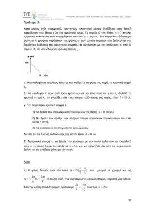 ΨΗΦΙΑΚΑ ΕΚΠΑΙΔΕΥΤΙΚΑ ΒΟΗΘΗΜΑΤΑ ΠΑΝΕΛΛΑΔΙΚΩΝ ΕΞΕΤΑΣΕΩΝ
99
Πρόβλημα 3.
Κατά μήκος ενός γραμμικού, ομογενούς, ελαστικού μέσου διαδίδεται στη θετική
κατεύθυνση του άξονα χ'Οχ ένα αρμονικό κύμα. Το σημείο Ο της θέσης x 0
 εκτελεί
αρμονική ταλάντωση που περιγράφεται από την y A t
  . Στο παρακάτω διάγραμμα
φαίνεται η γραφική παράσταση της φάσης  των υλικών σημείων που βρίσκονται στη
διεύθυνση διάδοσης του αρμονικού κύματος, σε συνάρτηση με την απόσταση x από το
σημείο O, σε μια δεδομένη χρονική στιγμή 1
t .
α) Να υπολογίσετε το μήκος κύματος και να βρείτε τη φάση της πηγής τη χρονική στιγμή
1
t .
β) Να υπολογίσετε πριν από πόσο χρόνο άρχισε να ταλαντώνεται η πηγή, δηλαδή τη
χρονική στιγμή 1
t , αν γνωρίζετε ότι η συχνότητα ταλάντωσης της πηγής, είναι f 10Hz.

γ) Την παραπάνω χρονική στιγμή 1
t
1) Να βρείτε την απομάκρυνση του σημείου της θέσης x 0
 (πηγή).
2) Να βρείτε τον αριθμό των πλήρων απλών αρμονικών ταλαντώσεων που έχει
κάνει η πηγή.
3) Να σχεδιάσετε το στιγμιότυπο του κύματος.
Δίνεται ότι το πλάτος ταλάντωσης της πηγής είναι A 0,1m

δ) Τη χρονική στιγμή 1
t να βρείτε την ταχύτητα με την οποία ταλαντώνεται ένα υλικό
σημείο, το οποίο βρίσκεται στη θέση x 5m
 και να αποδείξετε ότι αυτό το υλικό σημείο
βρίσκεται σε αντίθετη φάση με την πηγή.
Λύση
α) Η φάση δίνεται από τον τύπο
t x
2 ( )
T
   

που μπορεί να γραφεί και ως
2 2 t
( )x
T
 
   

. Η σχέση αυτή, για συγκεκριμένη χρονική στιγμή, παριστά μία ευθεία.
Από την κλίση στο διάγραμμα, βρίσκουμε
2 10
10
 


συνεπώς 2m
  .
 