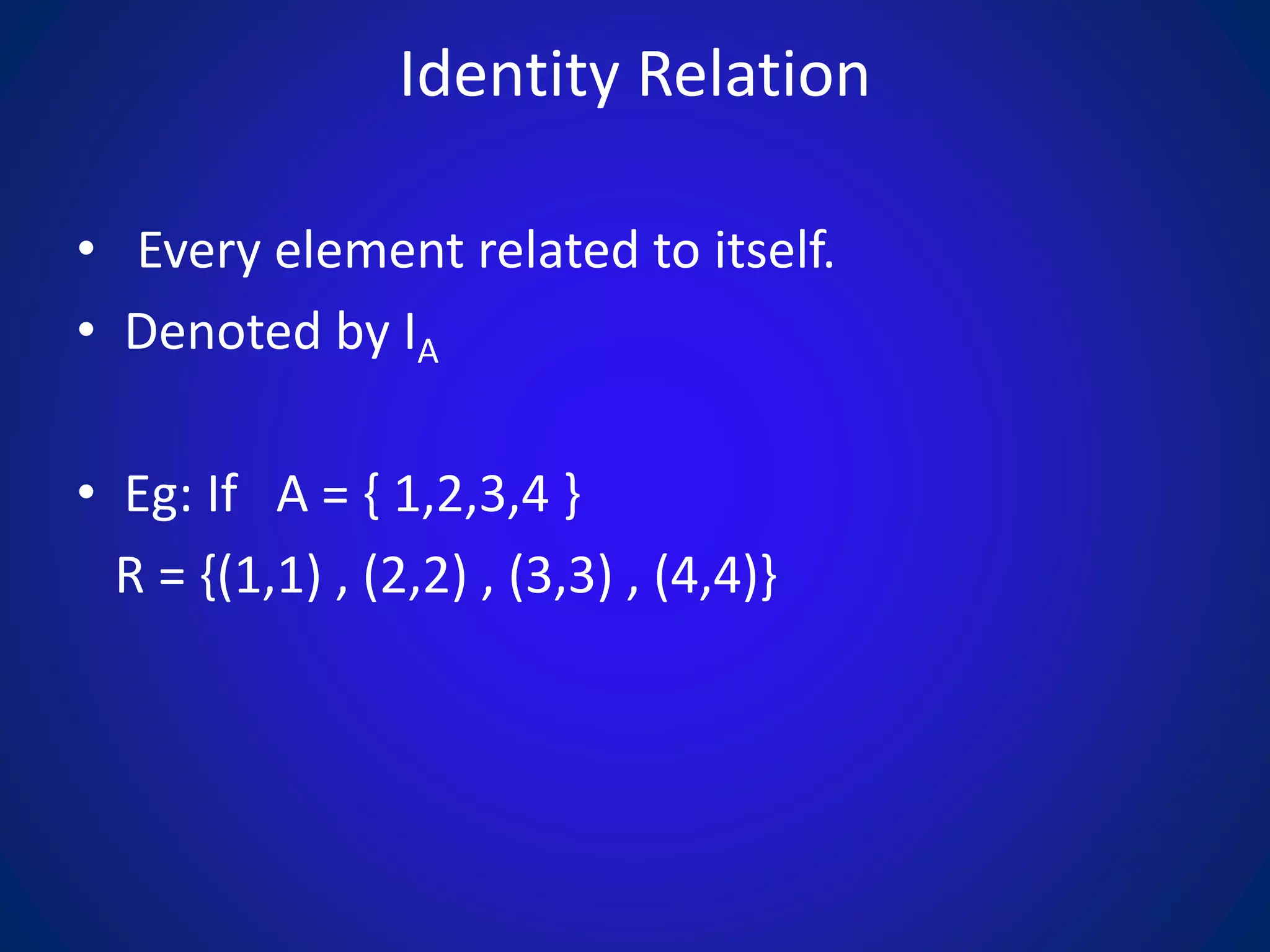 Identity Relation
• Every element related to itself.
• Denoted by IA
• Eg: If A = { 1,2,3,4 }
R = {(1,1) , (2,2) , (3,3) , (4,4)}
 
