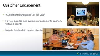 Customer Engagement
• “Customer Roundtables” 3x per year
• Review backlog and system enhancements quarterly
with ALL clients
• Include feedback in design direction
 
