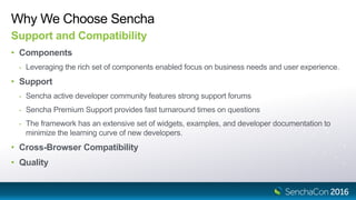 Why We Choose Sencha
Support and Compatibility
• Components
- Leveraging the rich set of components enabled focus on business needs and user experience.
• Support
- Sencha active developer community features strong support forums
- Sencha Premium Support provides fast turnaround times on questions
- The framework has an extensive set of widgets, examples, and developer documentation to
minimize the learning curve of new developers.
• Cross-Browser Compatibility
• Quality
 