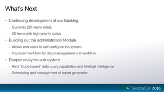 What’s Next
• Continuing development of our Backlog
- Currently 224 items listed,
- 35 items with high-priority status
• Building out the administration Module
- Allows end-users to self-configure the system
- Improved workflow for data management and workflow
• Deeper analytics sub-system
- Rich “Cube-based” data query capabilities and Artificial Intelligence
- Scheduling and management of report generation
 