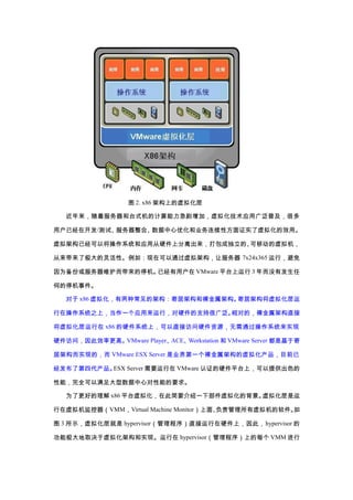 ͼ 2. x86 ܹϵ⻯

   ŷ̨ʽļӣ⻯Ӧù㷺ռܶ

ûѾڿ/ԡϡŻҵԷ֤ʵ⻯Чá

ܹѾԽϵͳӦôӲϷɶġƶ

˼ԡ磺ڿܹͨ÷ 7x24x365 У

ΪݻάͣѾû VMware ƽ̨ 3 ûз

εͣ¼

    x86 ⻯ֳļܹľӼܹܹľӼܹ⻯

ڲϵͳ֮ϣһӦУӲֺ֧ܹ㷺Եģֱܹ

⻯ x86 ӲϵͳϣֱӷӲԴͨϵͳʵ

ӲʣЧʸߡVMware PlayerACEWorkstation  VMware Server ǻڼ

Ӽܹʵֵģ VMware ESX Server ҵһܹ⻯Ŀǰ

˵ĴESX Server Ҫ VMware ֤Ӳƽ̨ϣṩɫ

ܣȫĶܵҪ

   Ϊ˸õ x86 ƽ̨⻯ڴ˼Ҫһ²⻯ı⻯

VMMVirtual Machine Monitor桢

ͼ 3 ʾ⻯ hypervisorֱӲϣˣ hypervisor 

ܼȡ⻯ܹʵ֡ hypervisorϵÿ VMM 
 