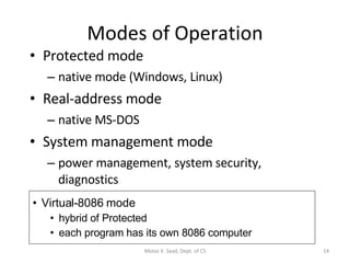 Modes of Operation Protected mode native mode (Windows, Linux) Real-address mode native MS-DOS System management mode power management, system security, diagnostics Virtual-8086 mode hybrid of Protected each program has its own 8086 computer Motaz K. Saad, Dept. of CS 