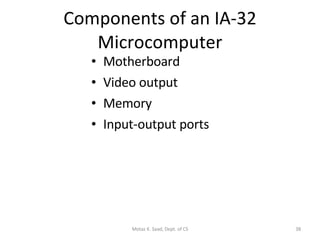 Components of an IA-32 Microcomputer Motherboard Video output Memory Input-output ports Motaz K. Saad, Dept. of CS 