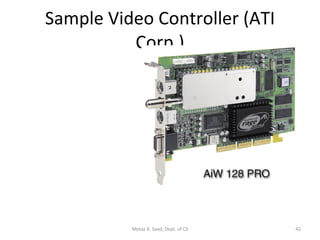 Sample Video Controller (ATI Corp.) 128-bit 3D graphics performance powered by RAGE™ 128 PRO  3D graphics performance  Intelligent TV-Tuner with Digital VCR  TV-ON-DEMAND ™  Interactive Program Guide  Still image and MPEG-2 motion video capture  Video editing  Hardware DVD video playback  Video output to TV or VCR  Motaz K. Saad, Dept. of CS 