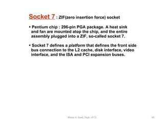 Socket 7  : ZIF(zero insertion force) socket Pentium chip : 296-pin PGA package. A heat sink   and fan are mounted atop the chip, and the entire   assembly plugged into a ZIF, so-called socket 7. Socket 7 defines a  platform  that defines the front side   bus connection to the L2 cache, disk interface, video   interface, and the ISA and PCI expansion buses.  Motaz K. Saad, Dept. of CS 